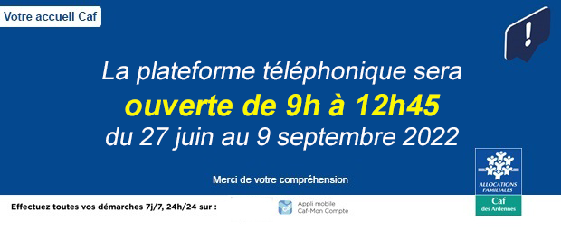 Plateforme téléphonique ouverte de 9 à 12h45 du 27 juin au 9 septembre