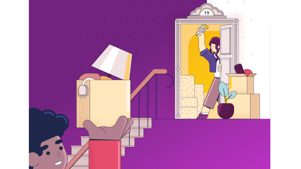 infographie qui représente 2 jeunes adultes qui emménagent