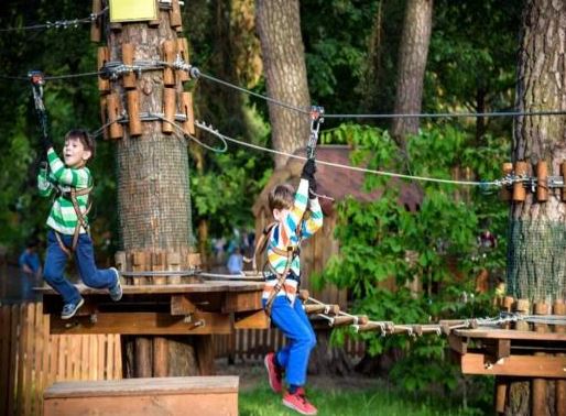 enfants faisant de la tyrolienne