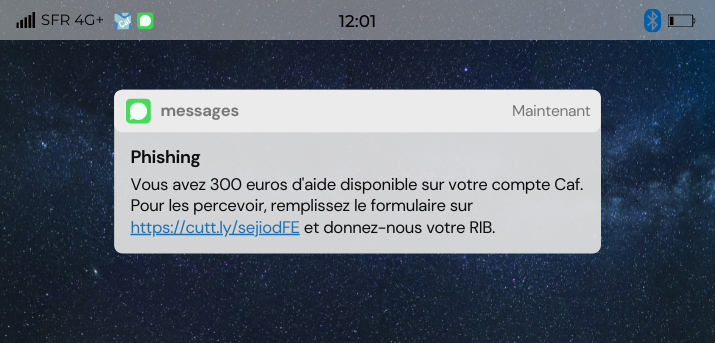 faux sms qui propose 300 euros en remplissant un formulaire et en donnant son rib