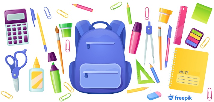Illustration de fournitures scolaires : trousse, crayon, gomme