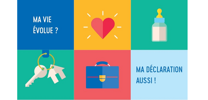 Illustration avec un coeur, un biberon, des clés un cartable dans des carrés de couleurs