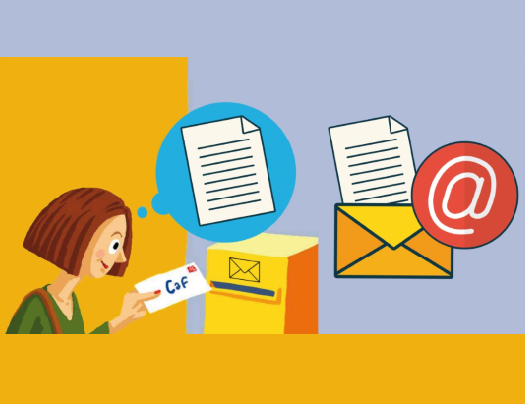 Illustration femme avec un courrier devant une boite aux lettres et une enveloppe avec le @