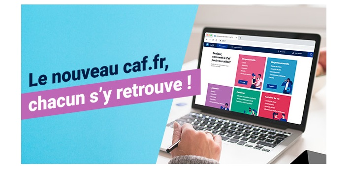 Ordinateur portable avec la page d'accueil du nouveau caf.fr en fond d'écran