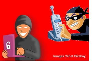 Illustration de 2 personnes à l'air malveillant, l'une tenant un ordinateur portable et l'autre un mobile.