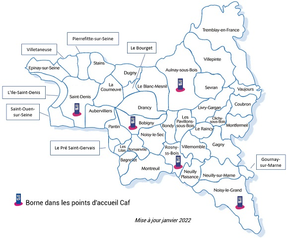 Carte indiquant les lieux où trouver les bornes qui permettent de consulter votre espace "Mon compte", d'imprimer une attestation, de prendre et d'annuler un rendez-vous.