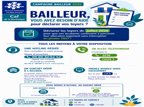 Vous êtes propriétaire bailleur? La Caf de la Martinique vous accompagne dans votre déclaration de loyers afin de garantir la continuité des aides au logement de vos locataires.